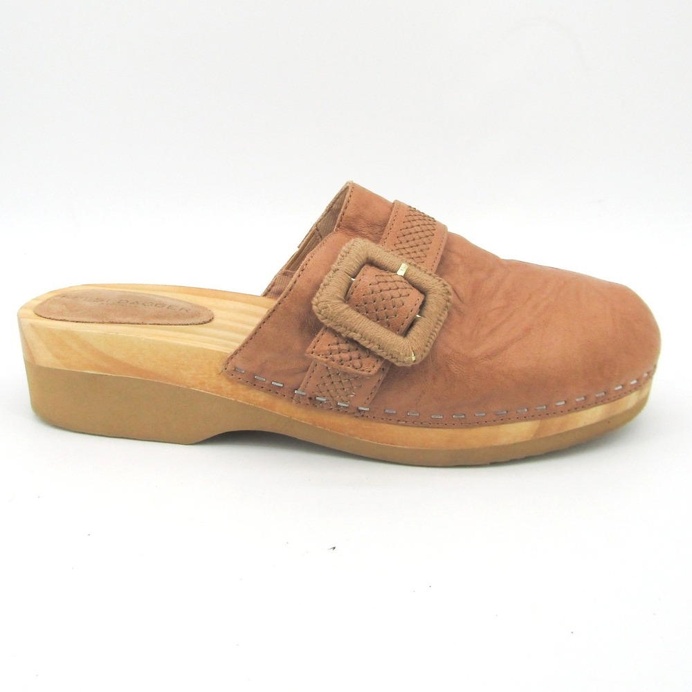 Kelsi Dagger Brooklyn Womens 7 Tan Leather Buckle Clog Mules Wood Platform Shoes